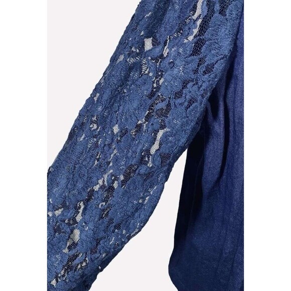 Chico's 1 M 8 10 Navy Blue Sheer Lace 3/4 Sleeves Open Front Zip Pockets Jacket - Picture 10 of 10